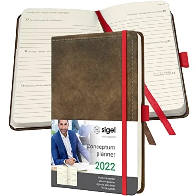 Abbildung von Sigel C2255 Terminplaner Wochenkalender 2022 Vintage Design Lederoptik ca. A5 braun Hardcover 192 Seiten Gummiband Stiftschlaufe Archivtasche PEFC zertifiziert Conceptum