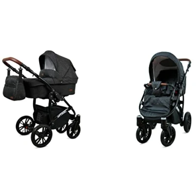 Abbildung von BabyLux Optimal 2 in 1 Baby Kinderwagen Tief und mit Zubehör Verstellbar faltbar Aluminium Konstruktion Wasserdicht Nicht abnehmbare Räder Blue Flex Black Frame