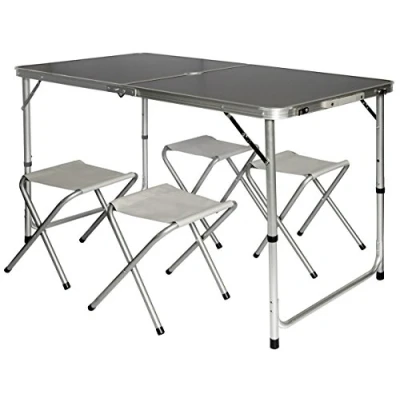 Abbildung von AMANKA Campingtisch Klappbarer verstellbarer Campingtisch+4 Falthocker, 120x60x70cm Campingset bambus