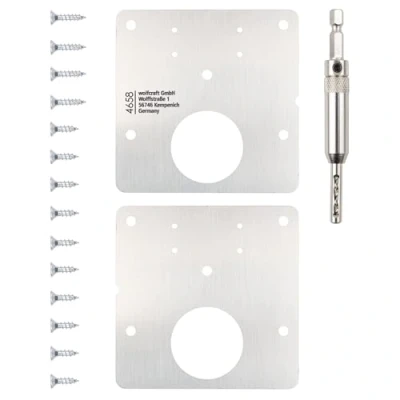 Abbildung von wolfcraft Reparaturset für Topfscharniere, 4658000, zur Reparatur von 2 ausgerissenen Scharnieren an der Tür, inklusive Scharnierbohrer, Montageplatten und Senkkopfschrauben Made in Europe