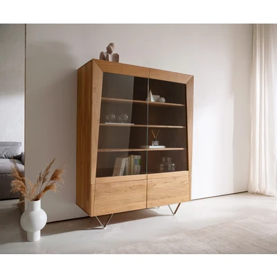 Abbildung von Highboard Kayu 115x150 cm Akazie Natur 2 Glastüren V Fuß