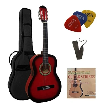 Abbildung von 1/2 GITARRE KONZERTGITARRE IM SET KINDERGITARRE CLASSIC ROT SCHATTIERT DECKE LINDENHOLZ TASCHE BAND SAITEN 3xPIK J4