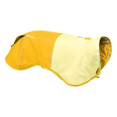 Abbildung von RUFFWEAR Sun Shower Regenjacke für große Hunde, Allwetter Hundemantel, wasserdichte Hundejacke, leichte wetterfeste Hundeweste und Regenmantel Größe L, Mineralgelb