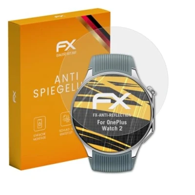 Abbildung von atFoliX Panzerfolie kompatibel mit OnePlus Watch 2 Schutzfolie, entspiegelnde und stoßdämpfende FX Folie (3X)