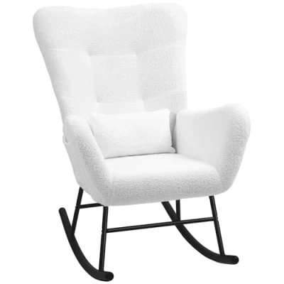Abbildung von HOMCOM Schaukelstuhl, Schaukelsessel mit Teddystoff Optik, Armlehne, Stillsessel Holzkufen, Lendenkissen, Relaxsessel Seitentasche für Wohnzimmer, Schlafzimmer, Weiß