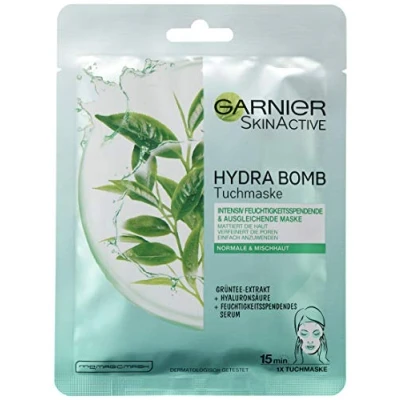 Abbildung von Garnier Tuchmaske, Gesichtsmaske mit Hyaluronsäure, Grüntee Extrakt &amp; feuchtigkeitsspendendem Serum, Hydra Bomb, 5 Stück