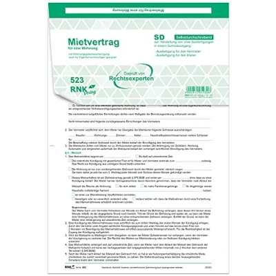 Abbildung von RNKVERLAG 523/10 Universal Mietvertrag für Wohnungen, selbstdurchschreibend, 3 x 2 Blatt, DIN A4, 10 Verträge