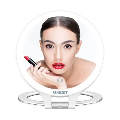 Abbildung von WEILY Schminkspiegel mit Beleuchtung, 10X/1X Vergrößerung Doppelseitiger Kosmetikspiegel 3 Farbigen, Wandspiegel Wiederaufladbarer Klappbarem, für Make up und Badezimmer(Weiß)