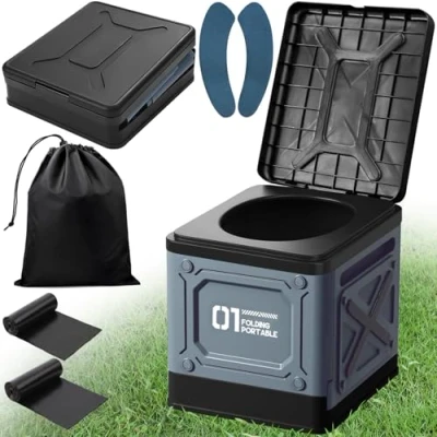 Abbildung von ITMNMNL Campingtoilette,Camping Toiletten,25L Mobile Toilette max 150 kg Campingtoilette Faltbar,Tragbare für Draußen oder Drinnen,Camping WC,Toilettenbag+Aufbewahrungsbeutel (Black Blue)