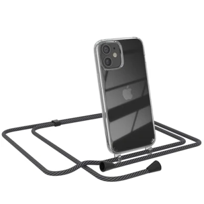 Abbildung von EAZY CASE Handytasche zum Umhängen kompatibel mit iPhone 12 Mini, Handyhülle Band, Transparent Kameraschutz und Bildschirmschutz, Handy Lanyard in Schwarz/Anthrazit Clips Schwarz