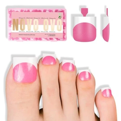 Abbildung von NOVO OVO French Tip Toe Nail Tips Press on, ROSE PINK with Glitter Scharfe Quadrat on Französischer Tipp Fußnägel ROSA Zehennägeln Tipp, Aufkleben künstliche Zehennägel x 15 Größen 240 Stück
