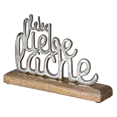 Abbildung von Levandeo® Deko Schriftzug, Schriftzug Lebe Lache Liebe Metall Silber Mango Holz Aufsteller