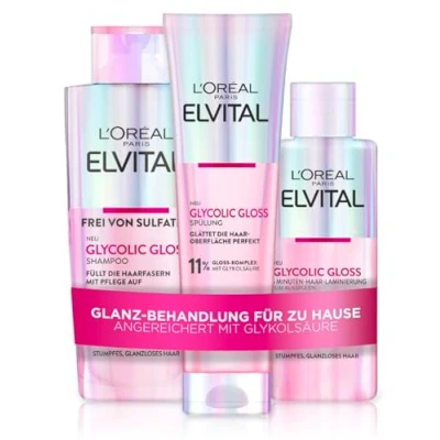 Abbildung von L&#039;Oréal Paris Elvital Glycolic Gloss Set: Shampoo 200 ml, Conditioner 150 ml &amp; 5 Minutes Hair Lamination für glanzloses und stumpfes Haar, Mit Glykolsäure, 3 teilig