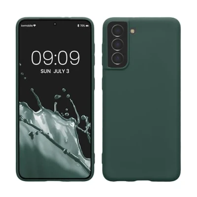 Abbildung von kwmobile Hülle kompatibel mit Samsung Galaxy S21 weiches TPU Silikon Case Cover geeignet für kabelloses Laden Blaugrün