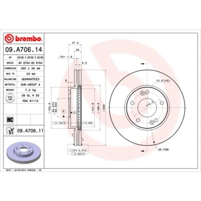 Abbildung von BREMBO COATED DISC LINE 09.A706.11 Bremsscheibe 280 26 5 innenbelüftet beschichtet hochgekohlt KIA: CARENS 3, 2