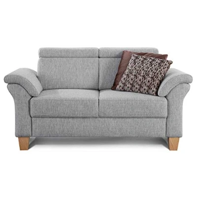 Abbildung von Cavadore 2 Sitzer Sofa Ammerland / Couch mit Federkern im Landhausstil Inkl. verstellbaren Kopfstützen 156 x 84 93 Strukturstoff hellgrau