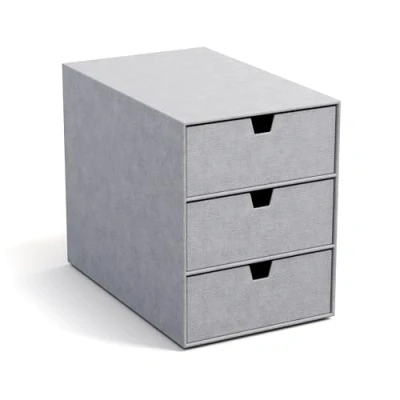 Abbildung von Bigso Box of Sweden INGRID Schubladenbox für Dokumente und Bürobedarf Schreibtisch Organizer mit 3 Schubladen Ablagesystem aus Faserplatte Papier in Leinenoptik hellgrau