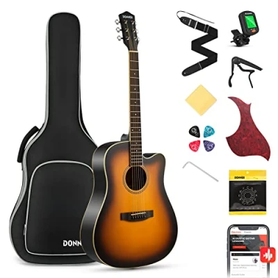 Abbildung von Donner Gitarre Akustik Anfänger Erwachsene Akustikgitarre Cutaway Kit Einsteiger 4/4 Dreadnought 41 Zoll Gitarren mit 6 Saiten Gigbag Capo Plektren Gurt (Sunburst）