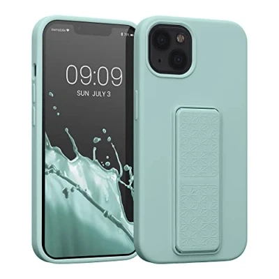 Abbildung von kwmobile Handyhülle kompatibel mit Apple iPhone 13 Hülle Fingerhalter und Standfunktion Silikon Case Handy Cover in Mintgrün