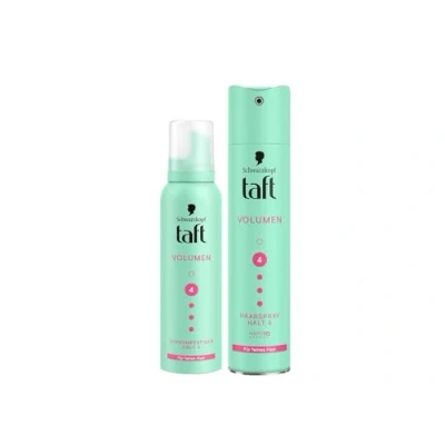 Abbildung von Taft Schwarzkopf Schaumfestiger Volumen (150ml) Haltegrad 4 Haarschaum für feines Haar volumengebendes Mousse &amp; Haarspray (250 ml) Haarstyling vegane Formel*