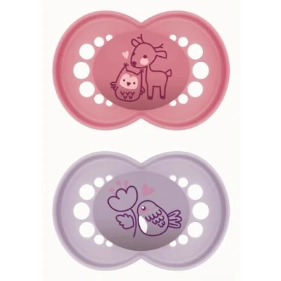 Abbildung von MAM Schnuller aus Naturkautschuk, ab 16 Monaten, mit symmetrischem Sauger, flach und flexibel, selbststerilisierender Box, mattes Rosa, 2 Stück