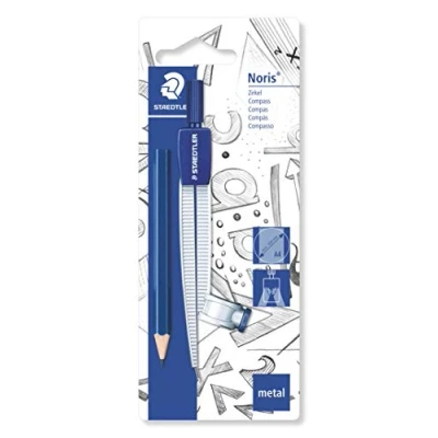 Abbildung von STAEDTLER 550 55 BK Schulzirkel mit Universaladapter und zusätzlichen kleinen Bleistift auf Blisterkarte, blau/silber