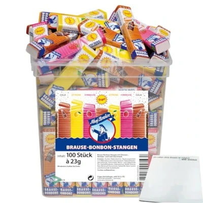 Abbildung von Frigeo Ahoj Brause Bonbon Stangen 100er 3 Sorten (100x23g Packung) + usy Block