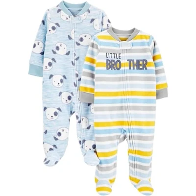 Abbildung von Simple Joys by Carter&#039;s Baby Jungen Schlaf und Spielanzug aus Fleece mit Füßen, 2er Pack, Hellblau Hunde/Weiß Streifen, Frühchen