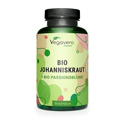 Abbildung von Bio Johanniskraut hochdosiert mit Passionsblume Extrakte aus Europa Laborgeprüft Hypericin Flavonoide Vegan ohne Zusatzstoffe Deutsche Produktion von Vegavero®