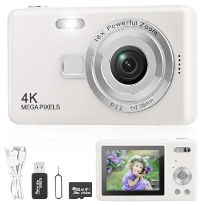 Abbildung von Digitalkamera Fotokamera mit 64GB Karte,Tragbare Fotoapparat 2,4&quot; LCD Bildschirm,HD 1080P Kompaktkamera,40MP Fotoapparat,8X Digital Zoom Kamera für Teenager,Anfänger (Weiß)