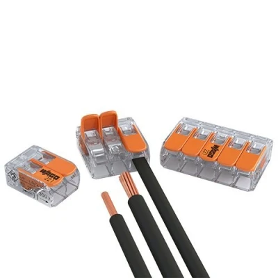Abbildung von 100er Set Wago Verbindungsklemmen 50x 221 412, 30Stk 413 und 20 von den 415er Klemmen fuer 2,3 oder 5 Leiter mit Betätigungshebel 0,2 4 qmm kleine Bauform, transparent