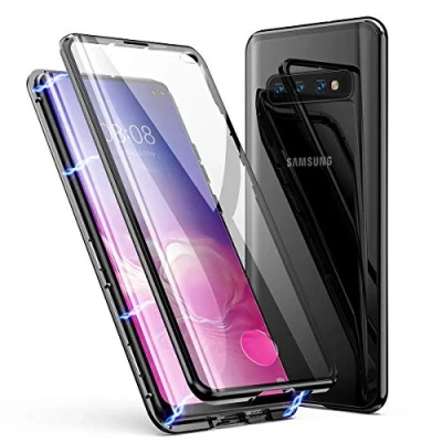 Abbildung von Handyhülle kompatibel mit Samsung Galaxy S10 Hülle Magnetische Adsorption Metallrahmen 360 Grad Full Body Schutzhülle Vorne hinten Gehärtetes Glas Einteiliges Case,Schwarz