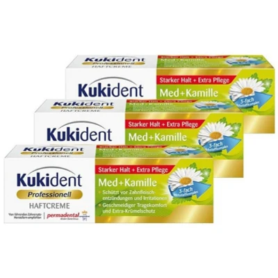 Abbildung von Kukident Zahnpflege Set Haftcreme Med+Kamille Zahnreiniger (3 x 40 g), 3er Pack, 3 tlg., Starker Halt + Extra Pflege