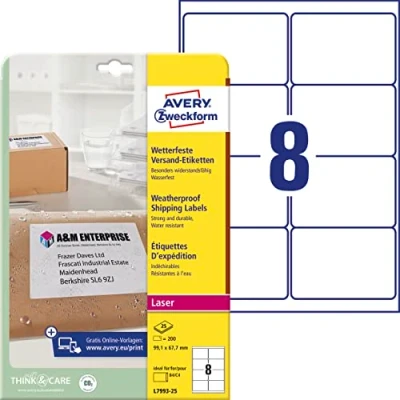 Abbildung von AVERY Zweckform L7993 25 wetterfeste Versandetiketten/ Versandaufkleber (200 Etiketten, 99,1 x 67,7mm auf DIN A4, bedruckbar, selbstklebend, für B4/C4 Umschläge und Versandrollen) Blatt, weiß