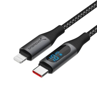 Abbildung von Sabrent USB C zu Lightning Kabel mit Smart Display, 2M lang, Apple MFI zertifiziert, 60W Lade und 480Mbps Datenübertragungsgeschwindigkeiten (CB C2L2)