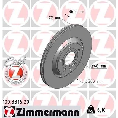 Abbildung von ZIMMERMANN COAT Z 100.3316.20 Bremsscheibe 300 22 6/5 5 112 außenbelüftet beschichtet hochgekohlt AUDI: A4 B7 Avant, B6 Limousine