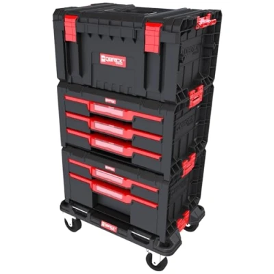 Abbildung von Qbrick Werkzeugtrolley mit Werkzeugkasten Leer und Schubladen 3er Set Werkstattwagen Rollen, Werkzeugbox Organizer, Stapelbar System PRO Drawer Workshop Nr 2