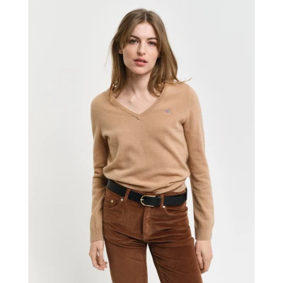 Abbildung von GANT Extrafine Vneck Strickpullover, Damen, Größe: Large, Caramel beige