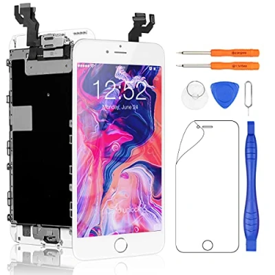Abbildung von Yodoit Komplett Display für iPhone 6s Plus LCD Bildschirm vormontiert weiß mit homebutton, Digitizer Montage Glas Touchscreen Frontkamera Näherungssensor Reparaturset Ersatzbildschirm + Werkzeuge