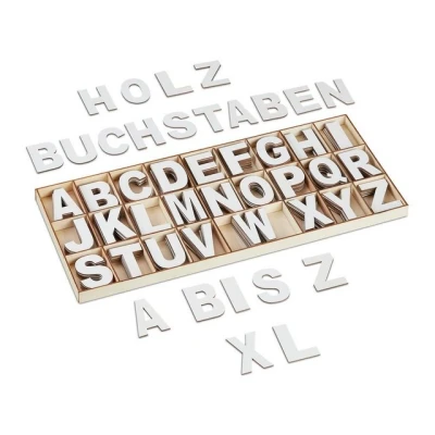 Abbildung von Relaxdays Holzbuchstaben Set, 208 tlg, Großbuchstaben A Z, Deko Buchstaben zum Basteln &amp; Bemalen, mit Box, weiß