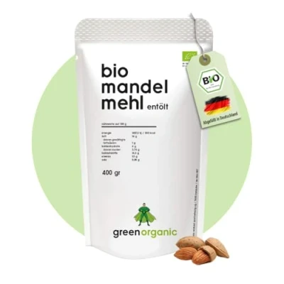 Abbildung von BIO PREMIUM MANDELMEHL weiß, lower Carb, glutenfrei, vegan, entölt, proteinreich, ballaststoffreich, Paleo Superfood, nachhaltig und fair angebaut (400g)