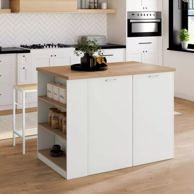 Abbildung von IDMarket TIBO Zentralinsel, 120 cm, Holz, weiß, mit Arbeitsplatte in Buchenoptik