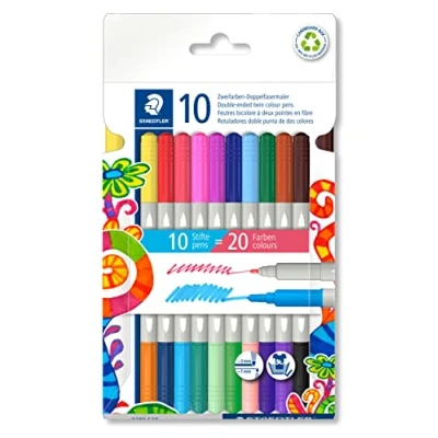 Abbildung von STAEDTLER Doppelfasermaler twin color, zwei Spitzen für unterschiedliche Farben Linienbreiten, 3 mm und 1 mm, 10 Zweifarben in 20 sortierten im Kartonetui, 3280 C10