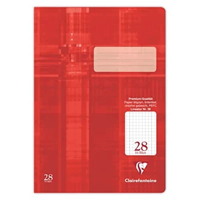 Abbildung von Clairefontaine 331028C Packung mit 25 Heften, DIN A4, 16 Blatt, 90g, Lineatur 28 durchgehend kariert 5x5mm Rand, ideal für die Schule, Rot, 1 Pack