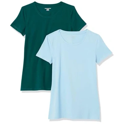 Abbildung von Amazon Essentials Damen Kurzärmeliges T Shirt mit Rundhalsausschnitt, Klassischer Schnitt, 2er Pack, Dunkelgrün/Puderblau, XXL