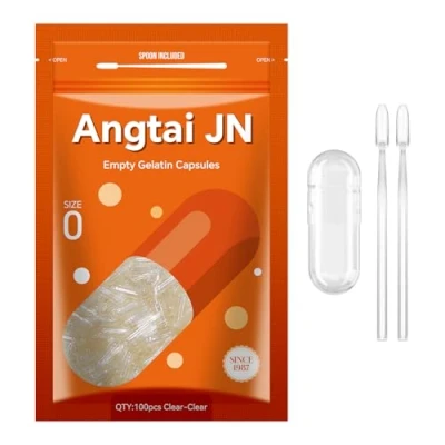 Abbildung von AngtaiJN Leere Gelatinekapseln Größe 0 Klare Kapseln zum Befüllen mit 2 Mikrolöffeln, DIY Gelatine Kapsel Kompatibel Kapselfüller 0, 100 Stück