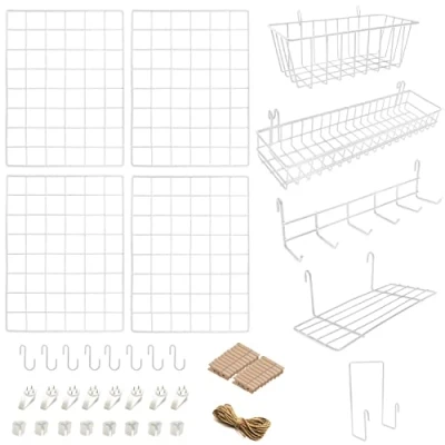 Abbildung von ODOXIA 4er Pack Wandgitter mit Zubehör Inklusive Hänge Körbe, Brief Sortierer, Regal &amp; Haken Gestell Gitter Pinnwand Deko für Heim, Büro Küche zum Aufhängen Fotowand Metall Weiß