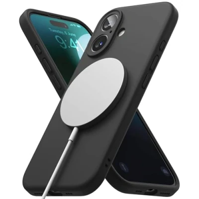 Abbildung von Ringke Silicone Magnetic Case [Kompatibel mit MagSafe] für iPhone 16 Hülle, Weiche Beschichtung Anti Kratzer Schlank Leicht Schutz Handyhülle Magnet Ladegerät/Zubehör Black