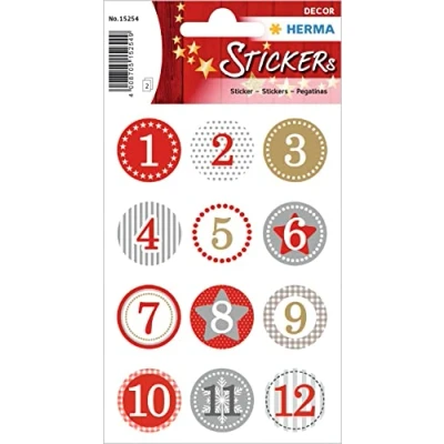 Abbildung von HERMA 15254 Aufkleber Zahlen 1 24 Glitzer rund, Stück, Ø 2 cm, Weihnachten Sticker mit Sterne Schneeflocken Motiv, Nummer Ziffer Klebezahlen Etiketten für Weihnachtsdeko Adventskalender DIY Basteln