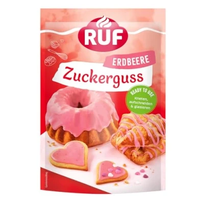 Abbildung von RUF Zuckerguss Erdbeer, sofort anwendbar als Glasur für Kuchen und Gebäck, fruchtig süßer Erdbeer Genuss, 1 x 150g